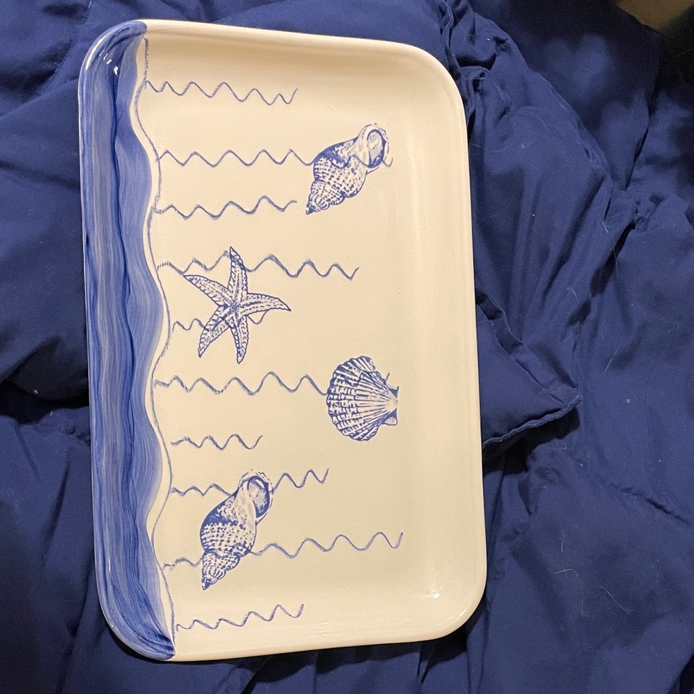 J. Crew Blue and White Seashell Ceramic Serving Tray
